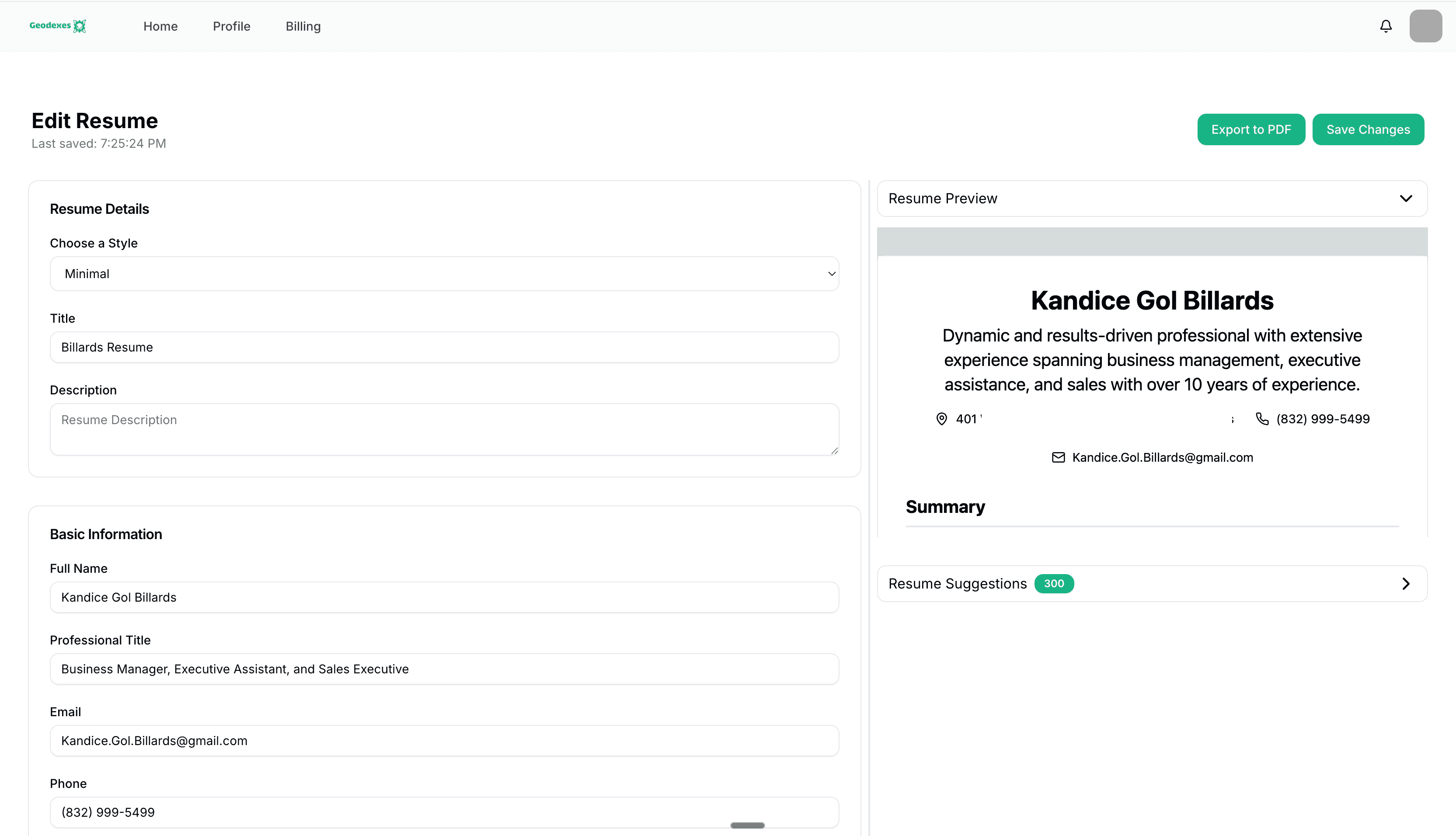Geodexes Resume Builder Dashboard